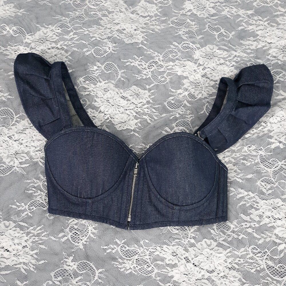 Lavish Medium Daisy Corsets Blue Denim Ruffled Denim Bustier Shirt Crop Top Bra - Picture 1 of 4